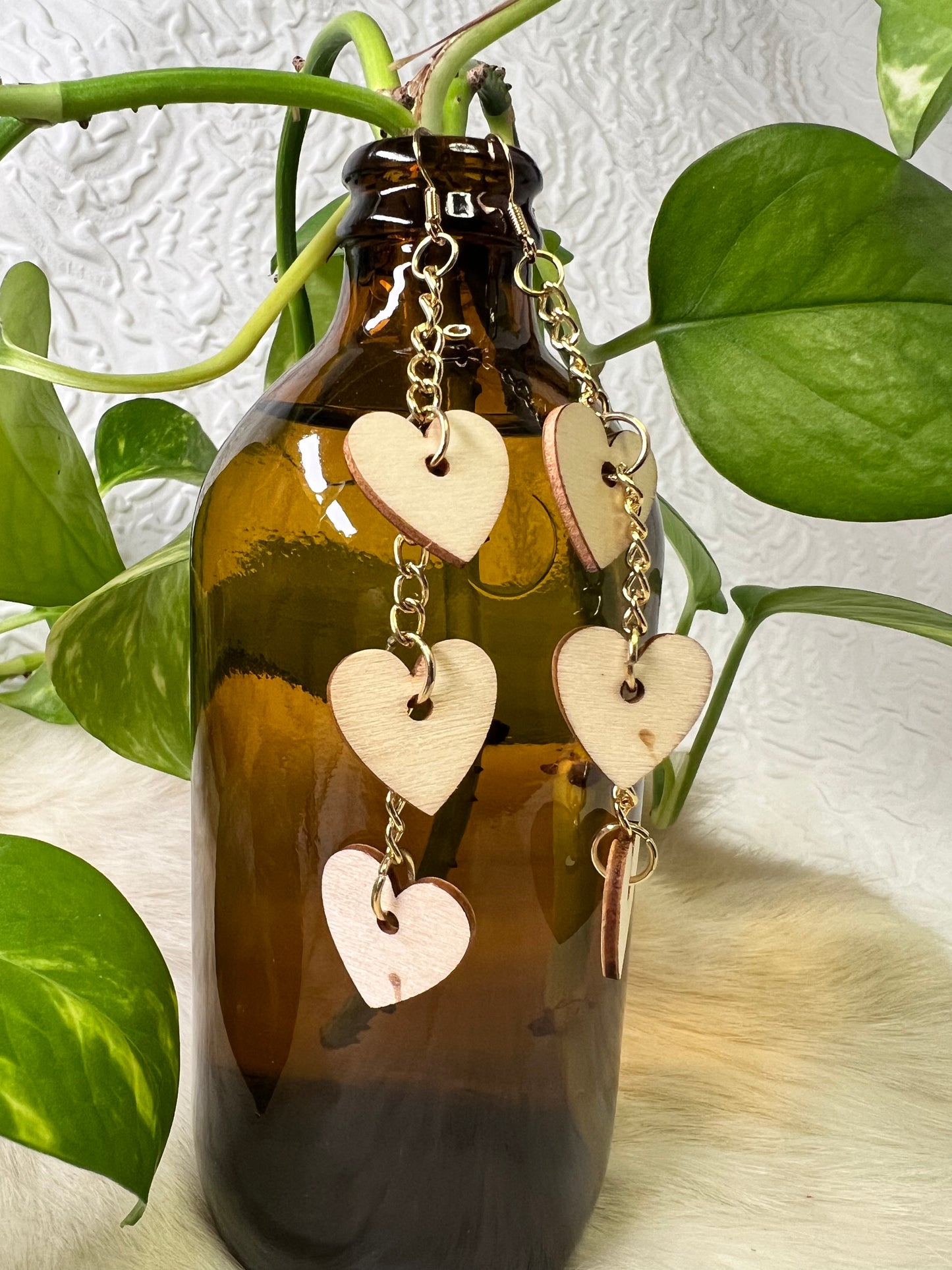 Wooden Triple Heart Earrings with Gold Chains