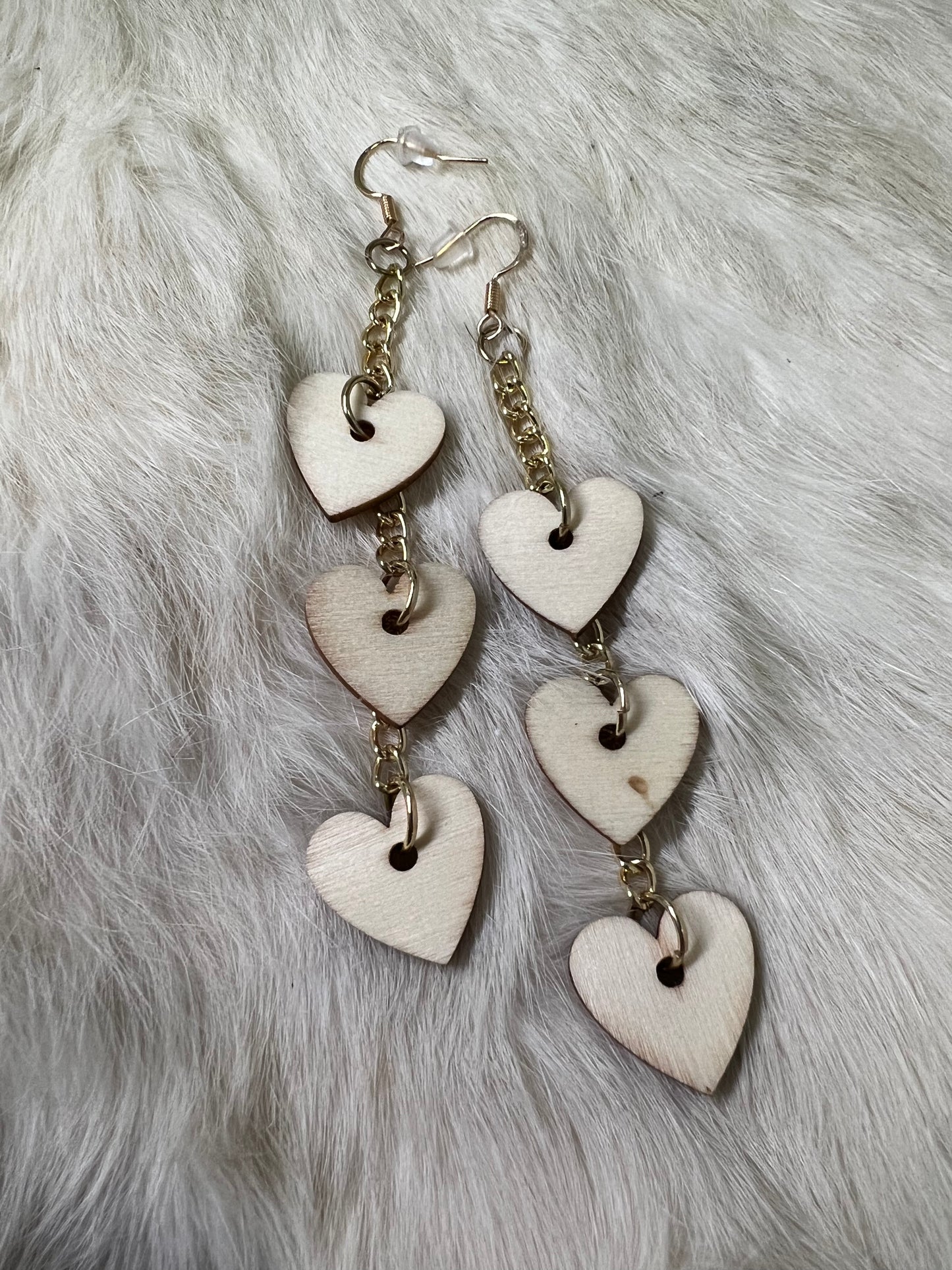 Wooden Triple Heart Earrings with Gold Chains