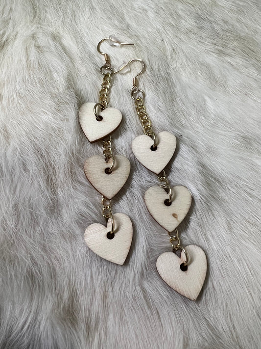 Wooden Triple Heart Earrings with Gold Chains